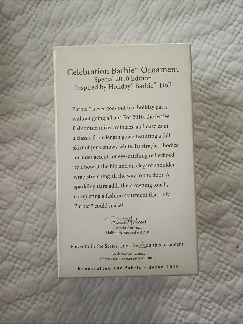 Hallmark Keepsake 2010 Celebration Barbie Ornament. Red/white. Great shape/box